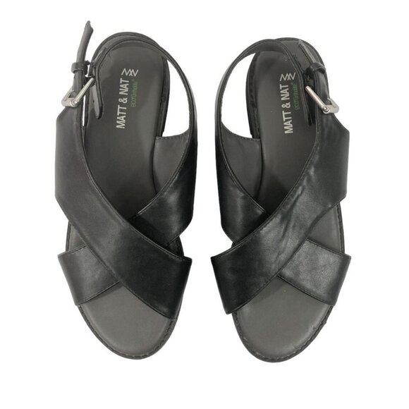 MATT & NAT ECO ORTHOLITE BLACK CRISS CROSS FAUX LEATHER SLINGBACK FLAT SANDALS - Picture 4 of 9